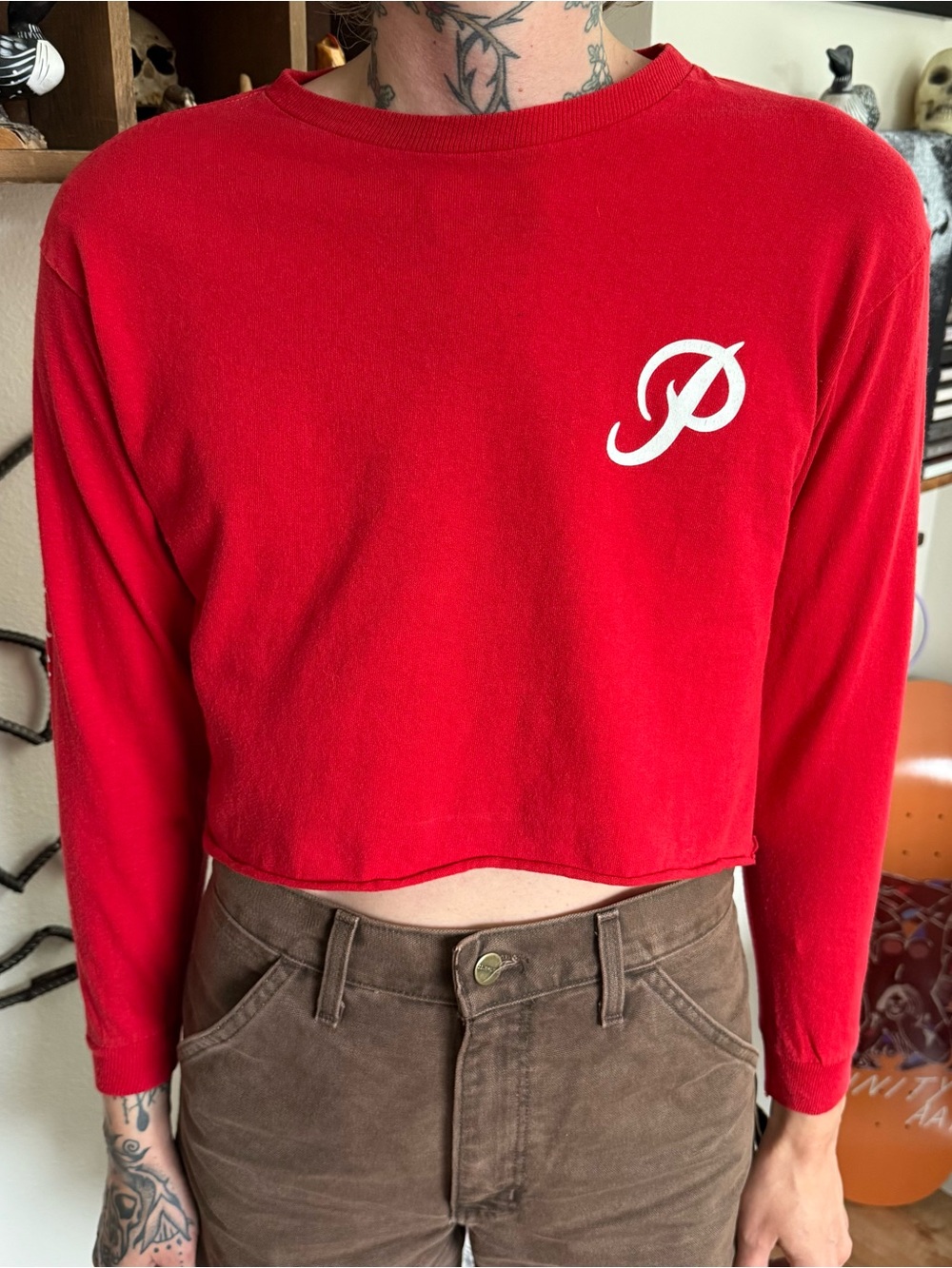 Primitive Skateboarding Hot Sauce Cropped Boxy Red L/S Graphic Tee ~ Size Large